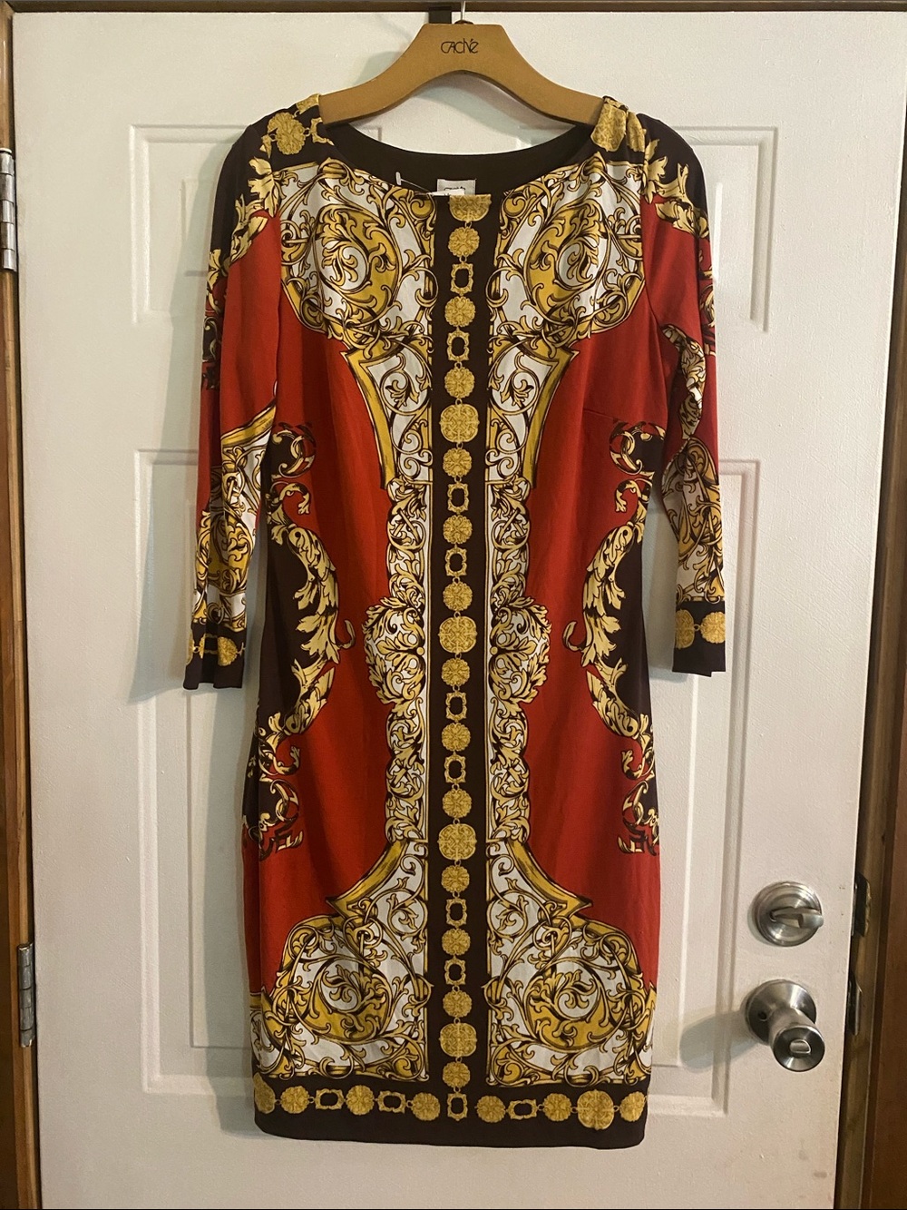 Cache Red, Gold & Brown Baroque-Print Long Sleeve Dress